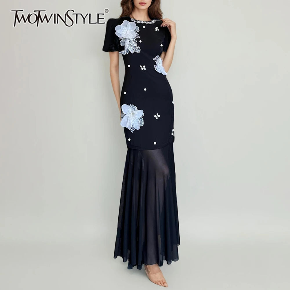 Hit Color Spliced 3D Flower Elegant Dresses for Women Round Neck Short Sleeves Patchwork Folds Sheer Dress Female