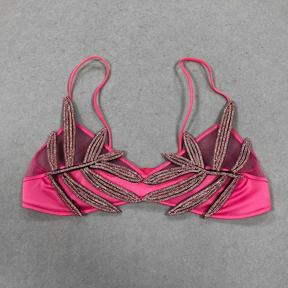 2025 Sexy Women'S Chiffon Patchwork Satin Diamond Studded Bra Top Spaghetti Strap Sleeveless Concealed Button Ultra Short Top Rose Red