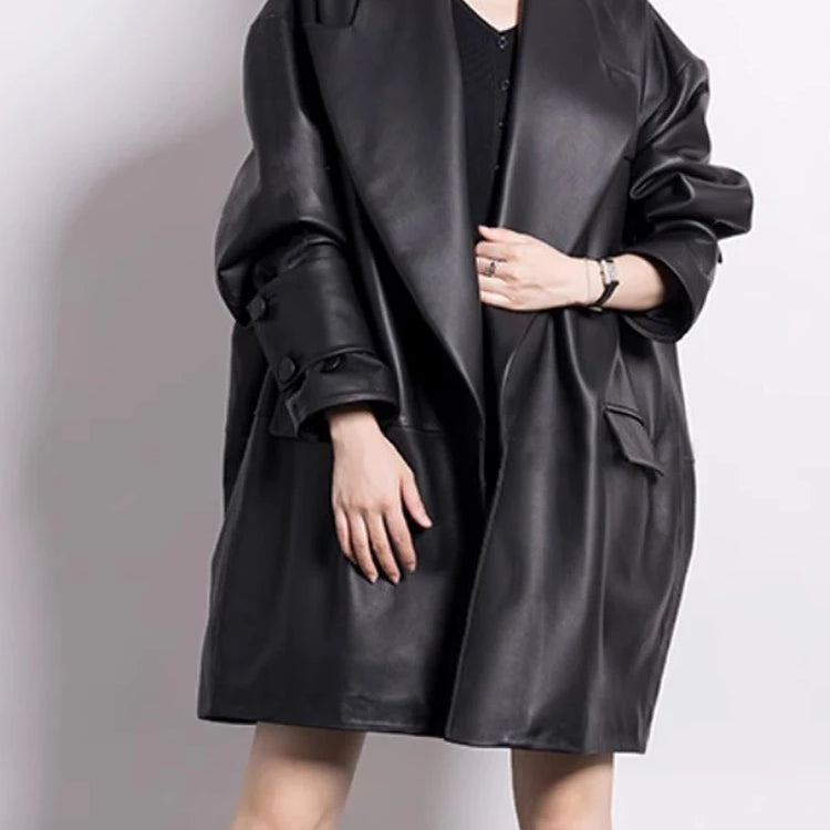 Lautaro Spring Autumn Long Black Oversized Black Pu Leather Trench Coat for Women Elegant Luxury Designer Clothes Cardiagan 2025