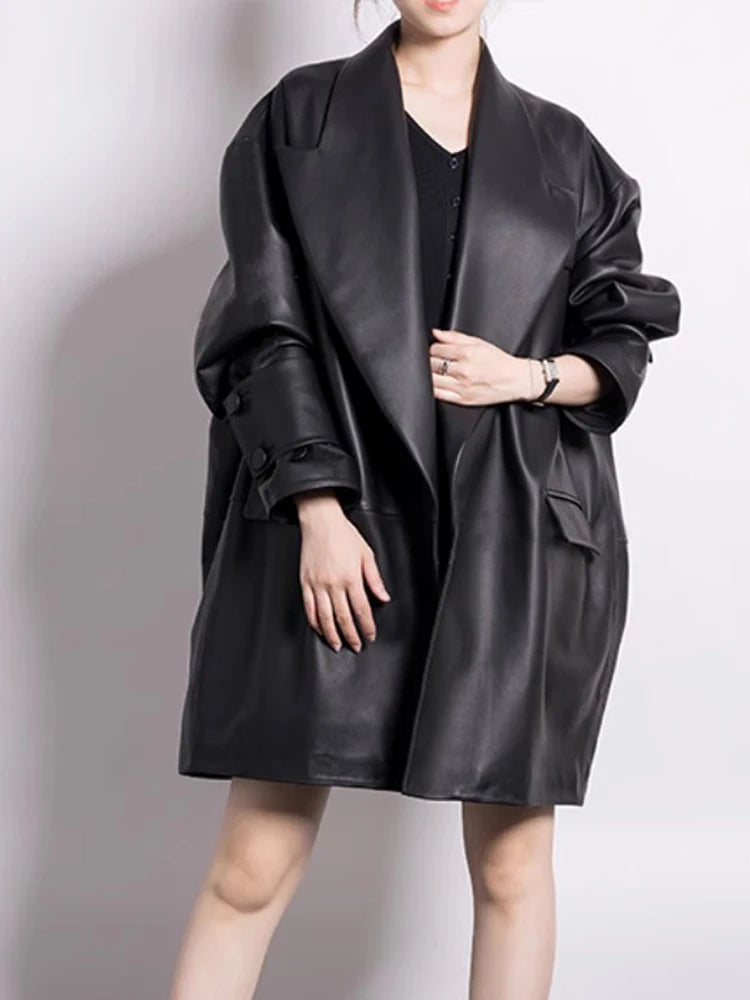 Lautaro Spring Autumn Long Black Oversized Black Pu Leather Trench Coat for Women Elegant Luxury Designer Clothes Cardiagan 2025