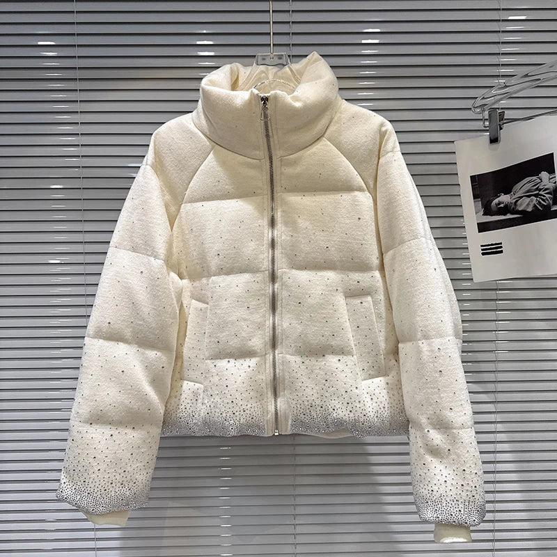 Winter New Trendy Heavy Gradient Rhinestone Stand Collar Zipper Loose Warm Jacket For Women Cotton Coat 11A07646 Creamy-white One Size