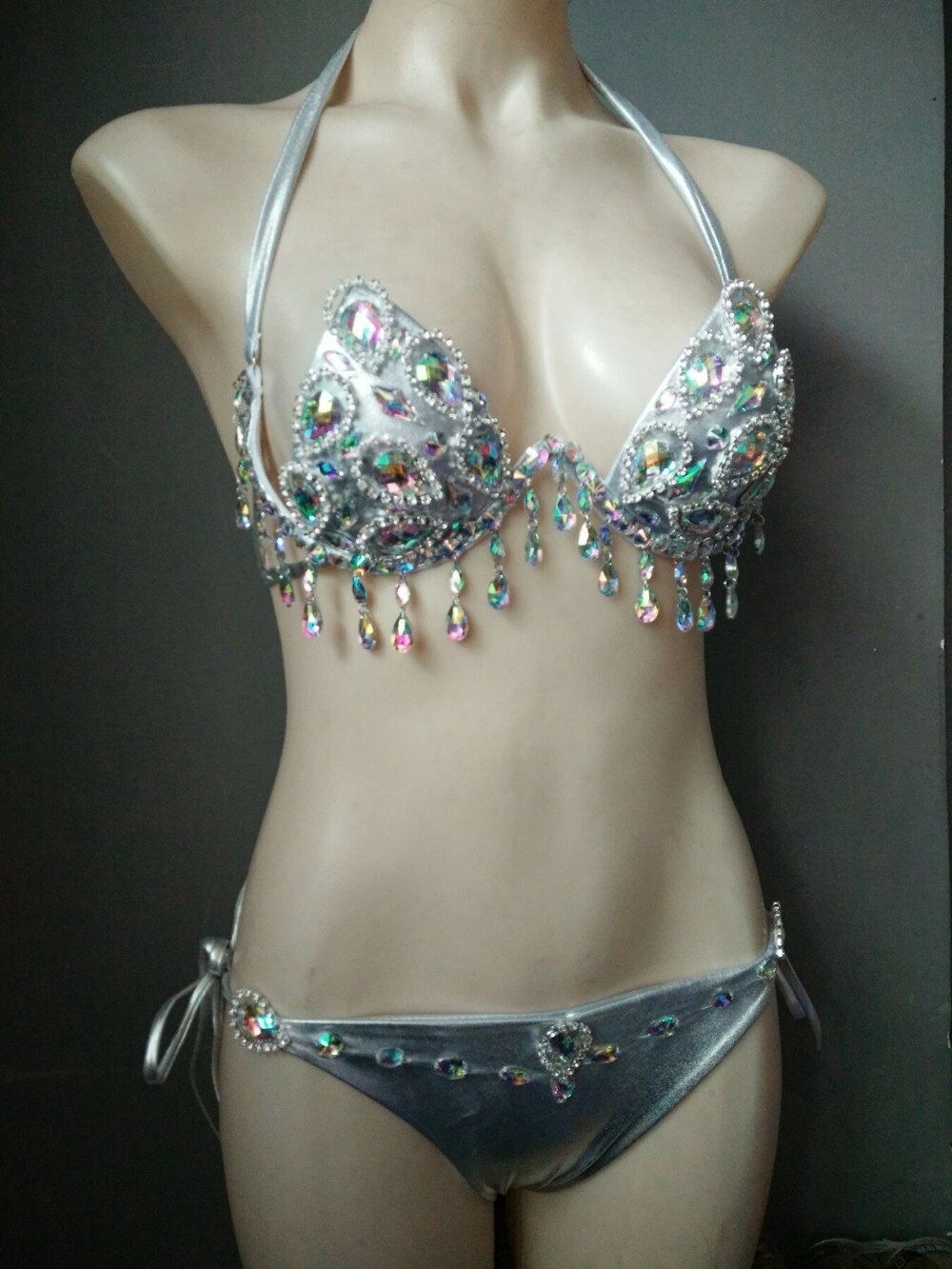 Sexy Women's Gathered Swimsuit Push Up Rhinestone Triangle Bikini Luxury Crystal Diamond Girls Swimwear Silver