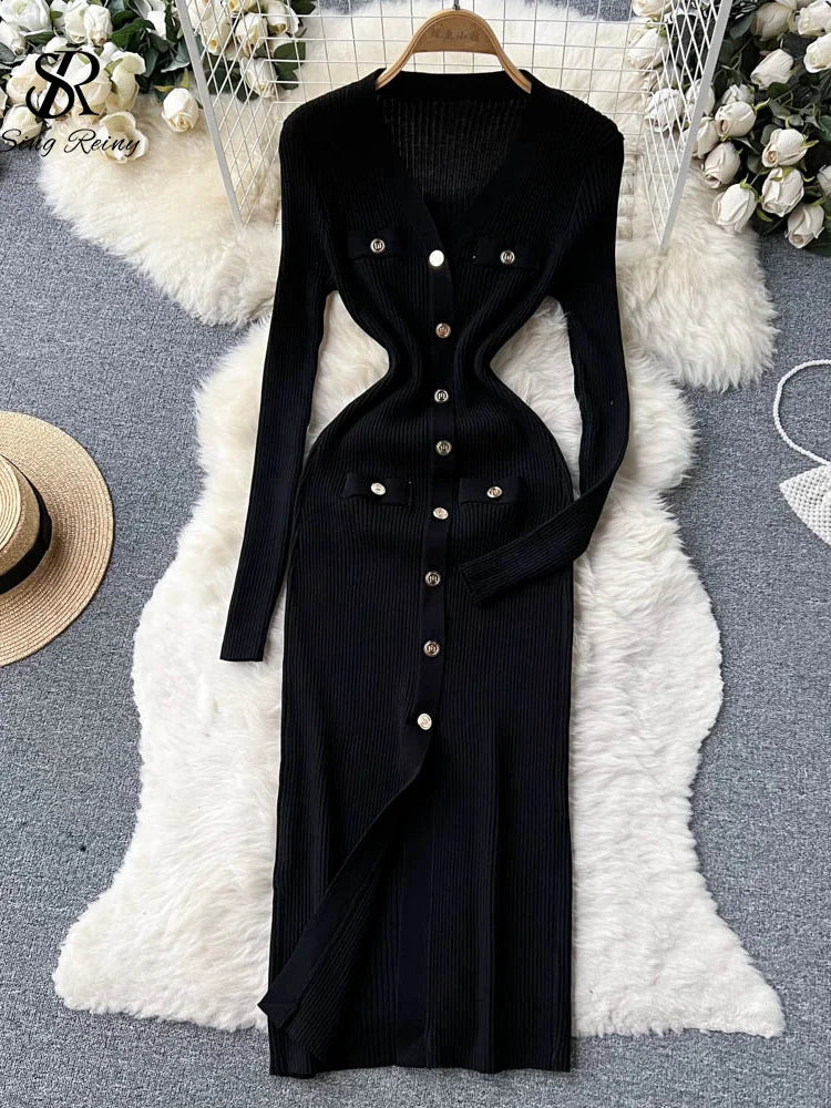 SINGREINY Winter Slim Design Knitted Dress V Neck Single Breasted A Line Split Midi Dress Long Sleeve Women Sweater Long Dress black One Size