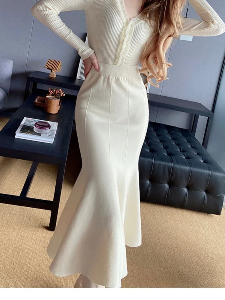 Women's Skirts Autumn Winter Fashion Knitted Long Skirts for Women Green Vintage Slim Korean Style A-LINE Fishtail Skirt WHITE One Size