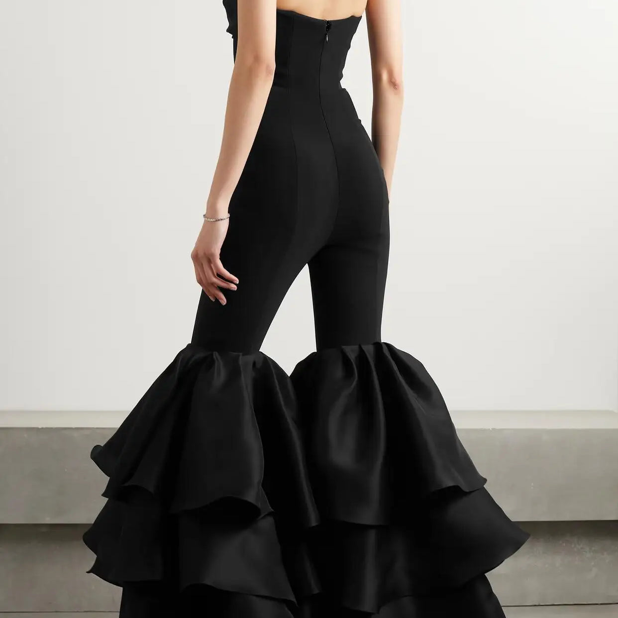 High Street Women Sexy Strapless Bodycon Ruffles Wide Leg Jumpsuit Bandage Celebrate Evening Party Jumpsuit