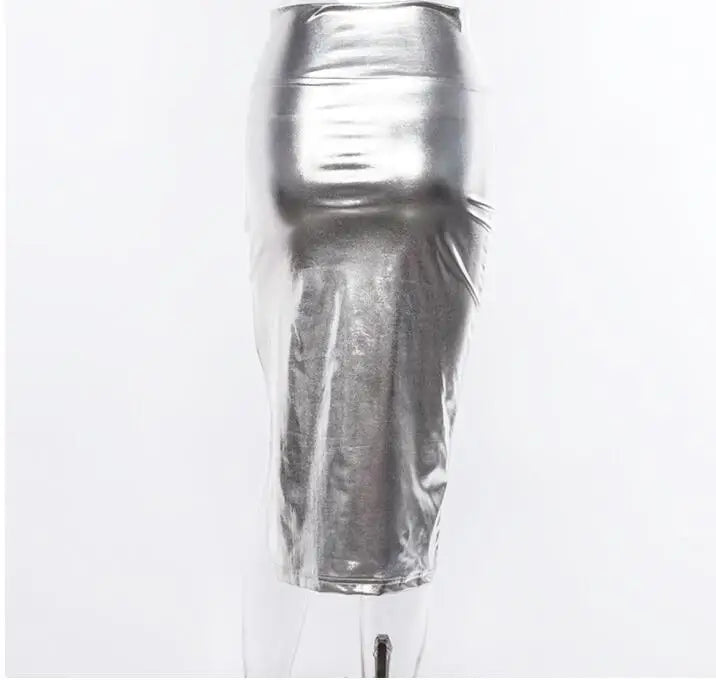 Sexy bodycon split silver skirt Women high waist skirt winter Female Elegant Fashion party bottom long skirts