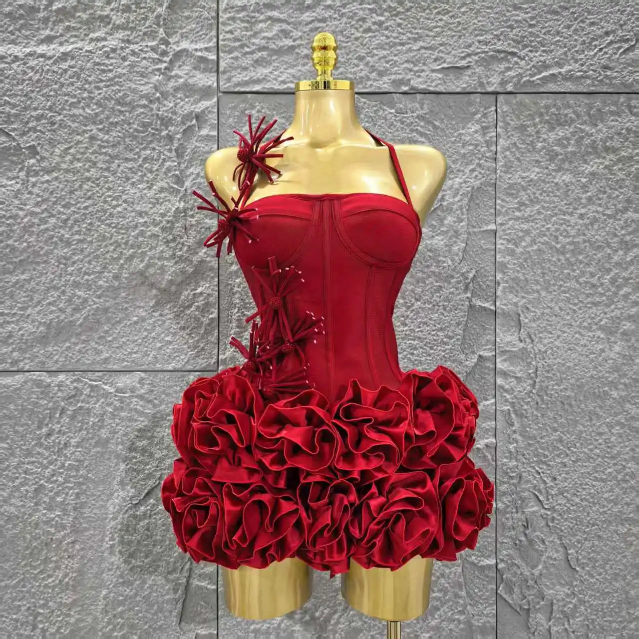 Red Color Women Sexy Halter Full Florals 2 Pieces Bodycon Mini Bandage Dress Celebrate Nightclub Party Birthday Dress Red XS