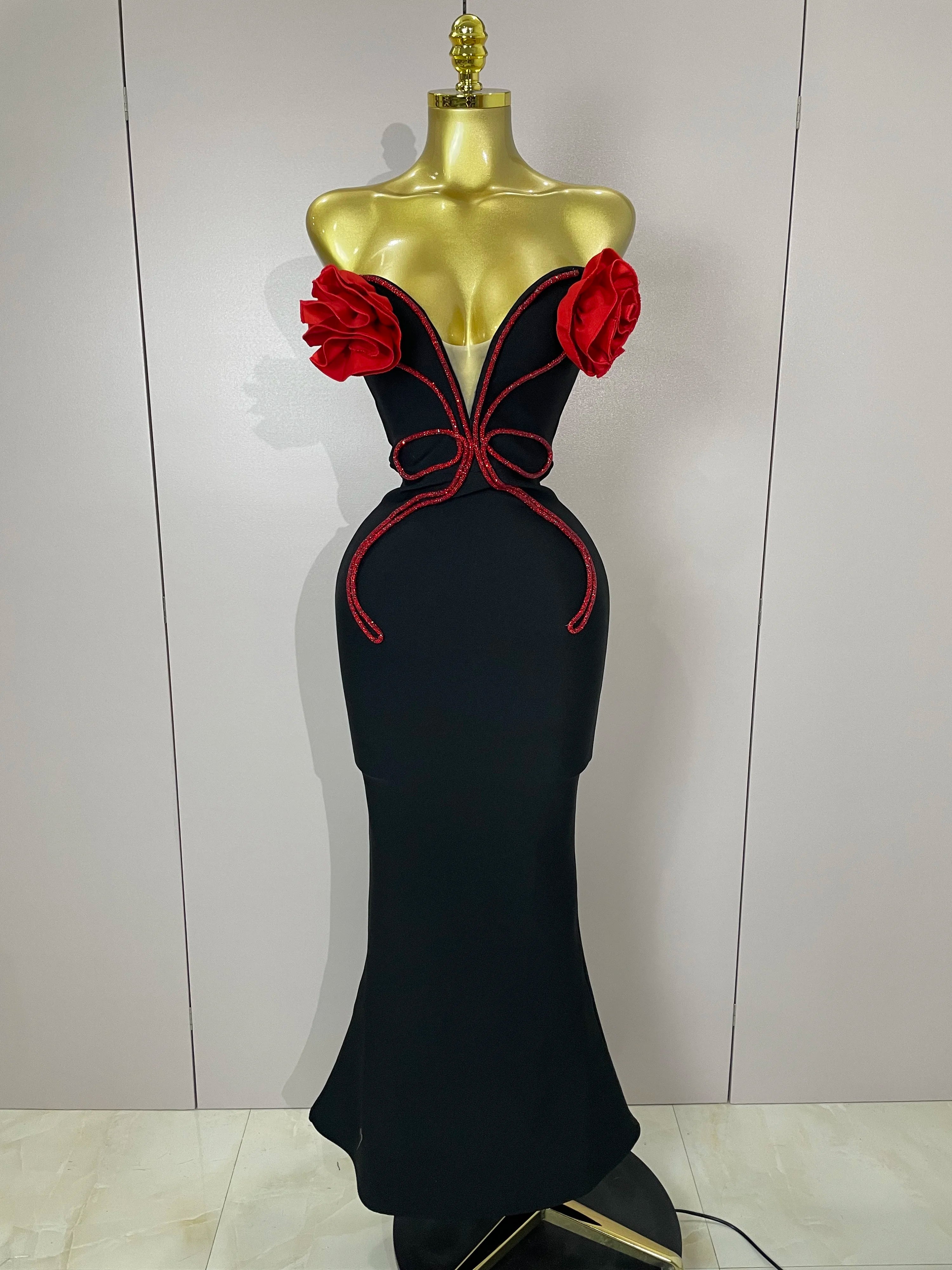 2025 black Off Shoulder Red Flower Bandage Long Dress Women Elegant Fshion Celebrity Party Dress black