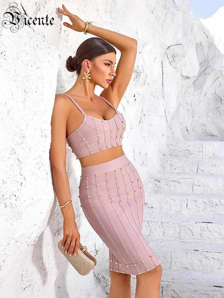 Chic Pink Studded Crop Top and Skirt Set for a Trendy Rooftop Party Evening Gown Dress