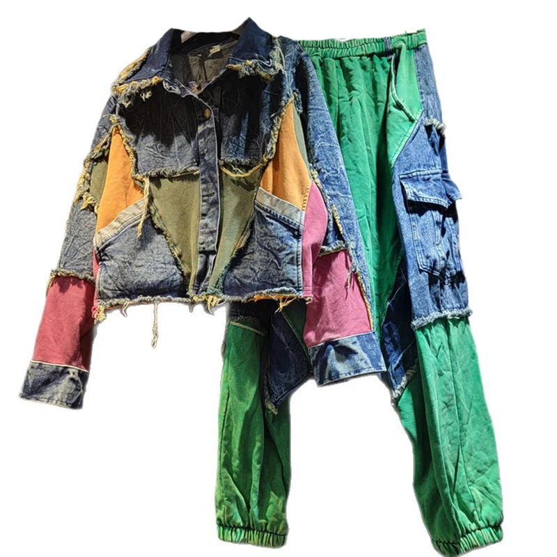 Autumn New Fashion Vintage Denim Fashion Set For Women Loose Long Sleeve Jacket Elastic Waist Wide-Leg Pants 1A07534