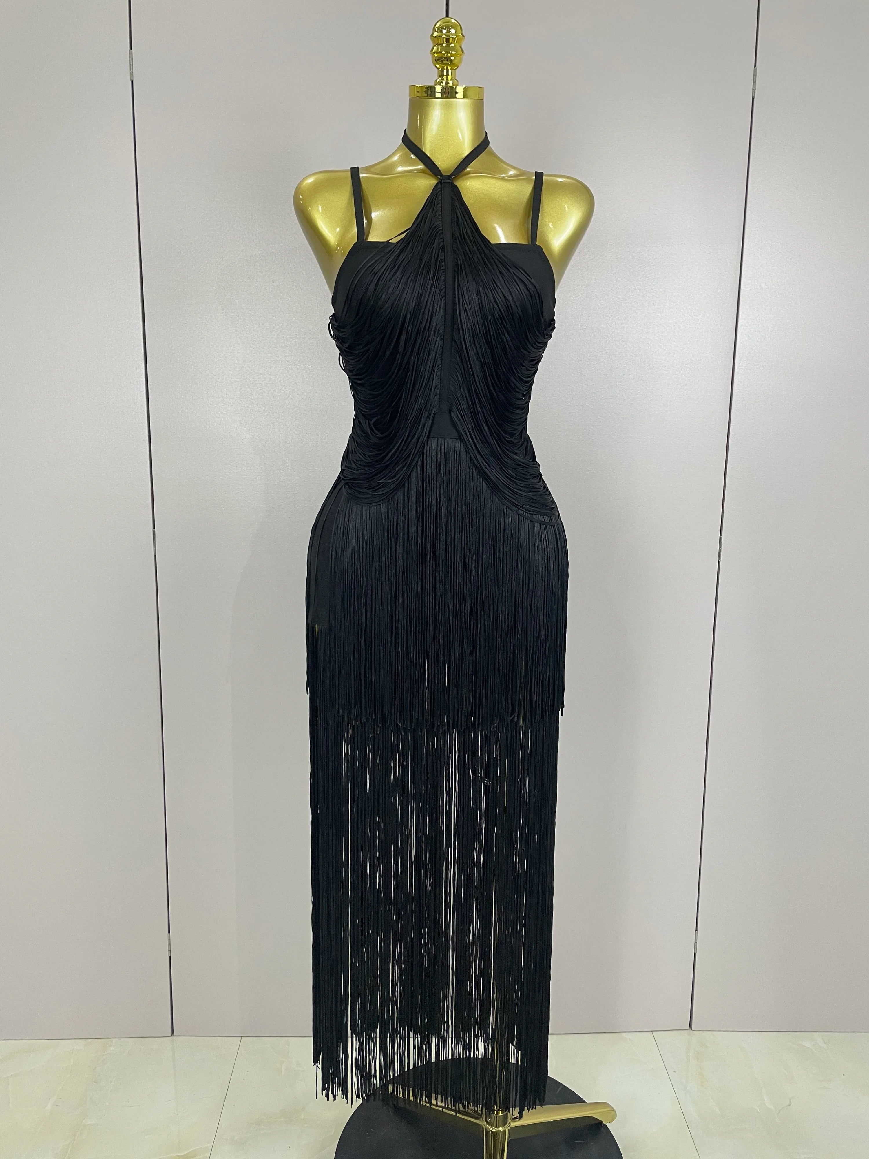 Sexy Backless Green Tassel Ankle Bodycon Bandage Dress 2025 Women Celebrity Elegant Evening Club Luxury Birthday Party Outfit black