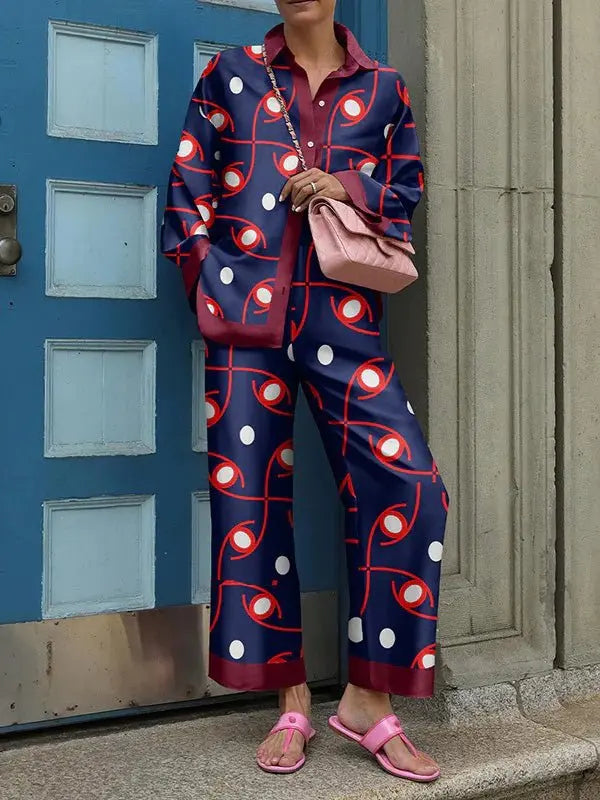 Autumn New Loose Vintage Printed Pant Sets Women Long Sleeve Shirts And Wide Legs Trousers Two Piece Set Fashion Streetwear Reddish blue
