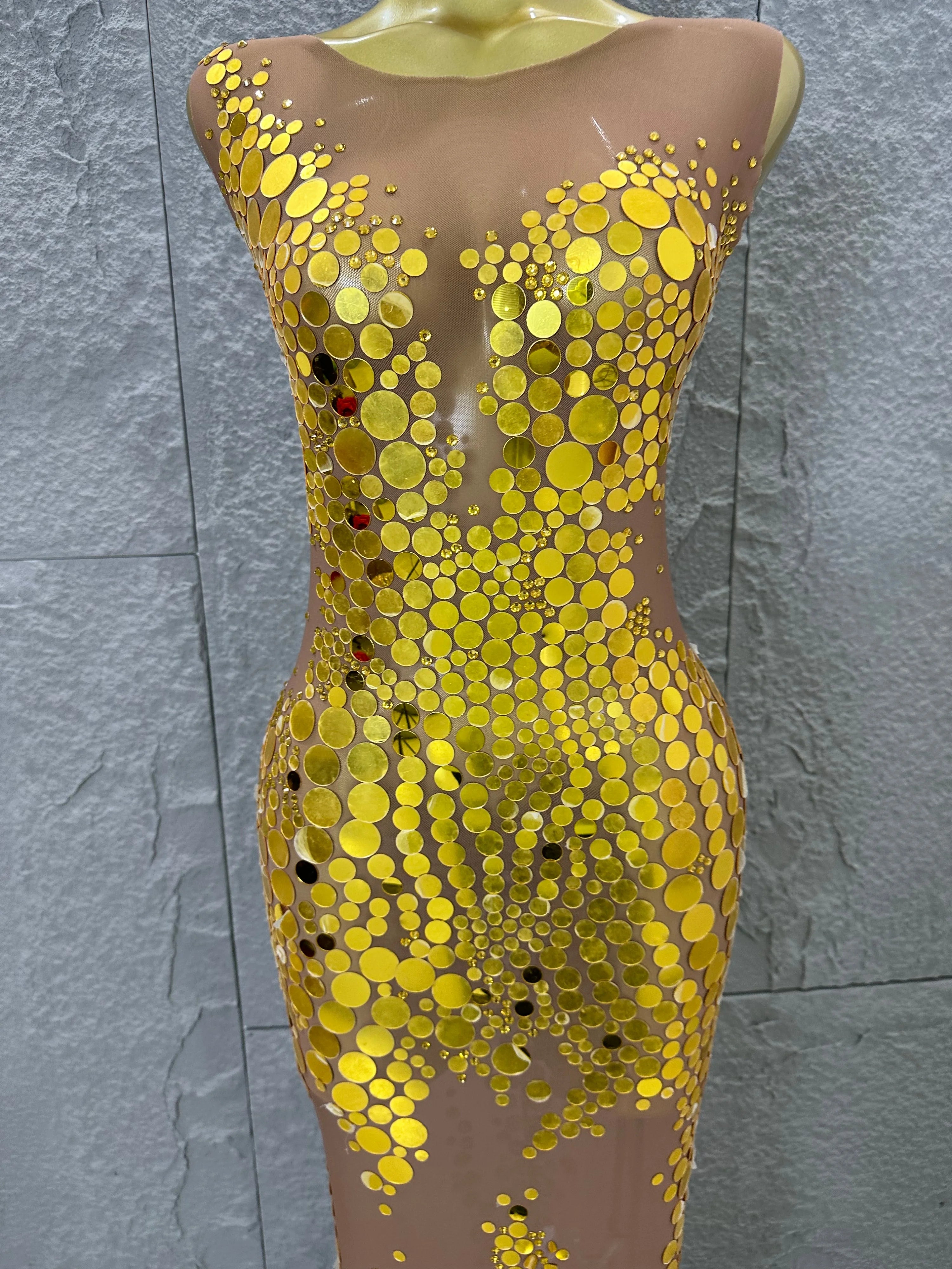 Opulent Nude Sleeveless Women Gold Sequin Dot Embellished Bodycon Stage Performance Costume Formal Event Party Costume
