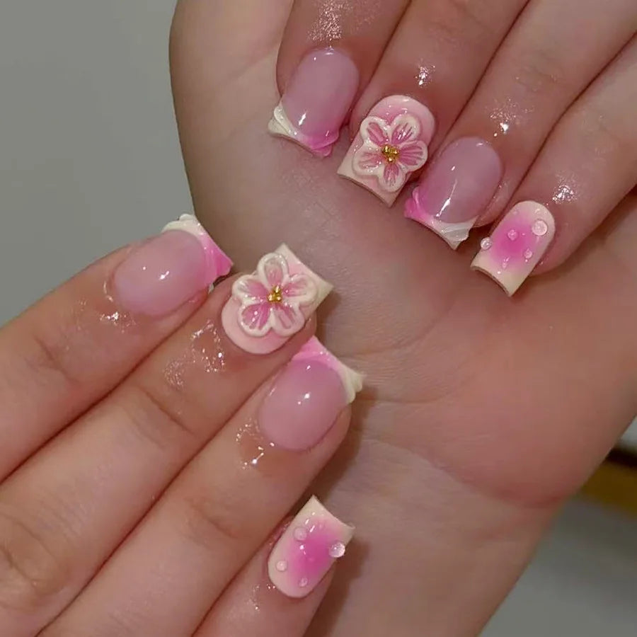 24pcs/set Short Medium fake nails for women girls 3D cute pink bow flowers leopard french square almond tips press on false nail 2557