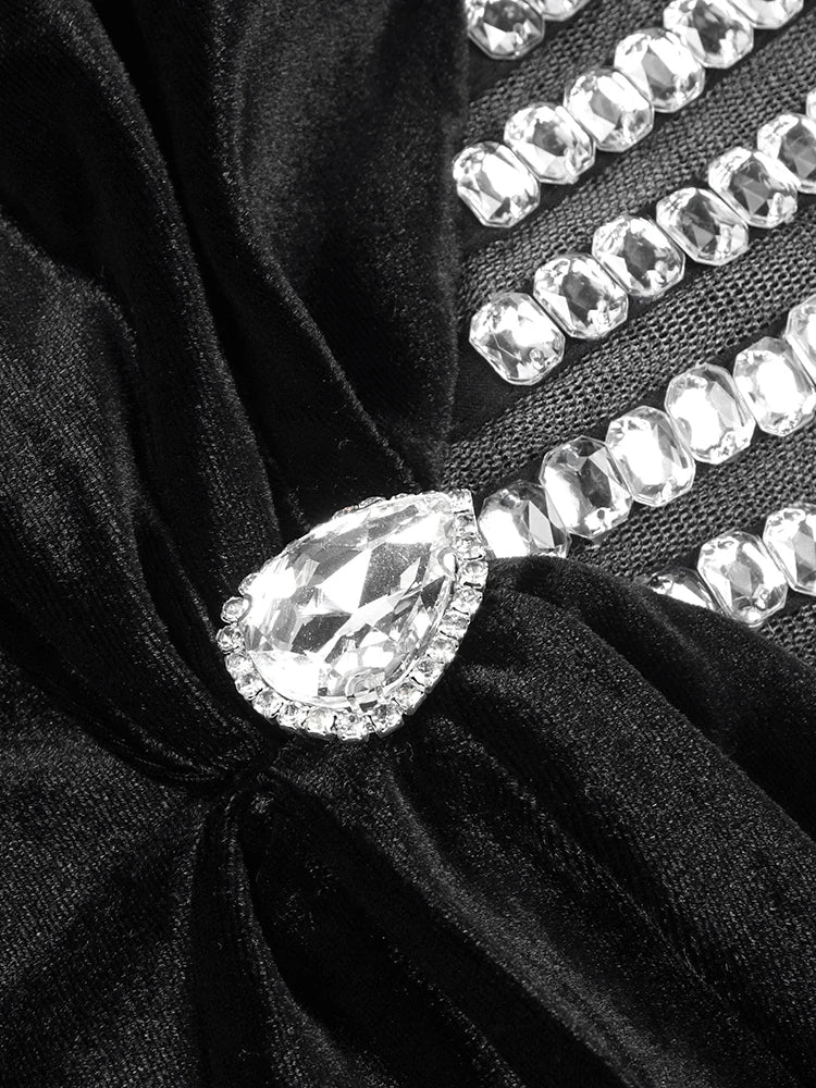 Glimmer Trumpet Black Long Dress for Women Strapless Backless Crystals Velvet Celebrity Cocktail Party Evening Gown Vestidos