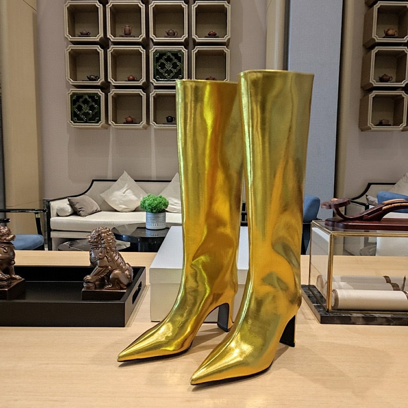 Women's New Pointed Thick Heel Sleeve Knee High Boots Fashion Fashion Show Gold Large Winter Boots