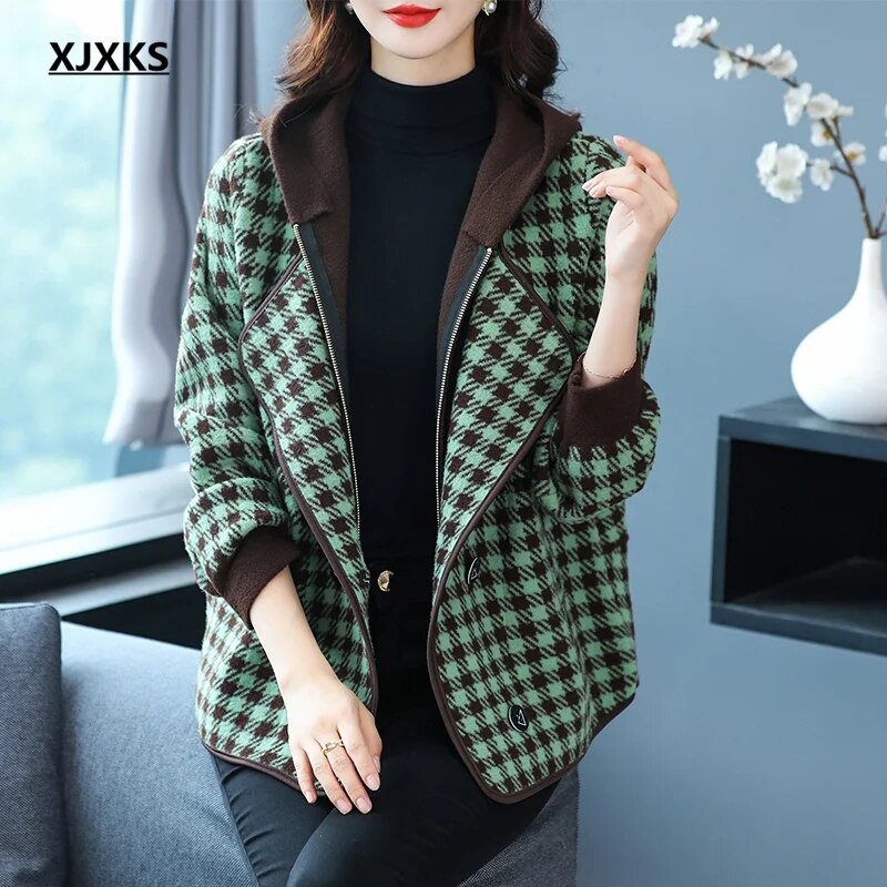 XJXKS 2024 Winter New Fake Two Pieces Splicing Women's Jacket Zip Cardigan Coat Comfortable Warm Hooded Wool Chaquetas 2 One Size