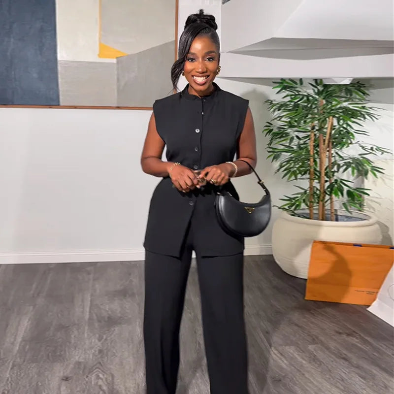 LKF Summer Commuter Casual Women's Set Stand up Collar Buckle Sleeveless Waist Tie Up Top Loose Pants 2-piece Set Wholesale Black