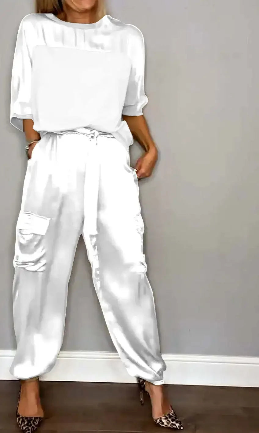 Summer Fashion New Elegant Women's Plus Size Set Street View Smooth Satin Half Sleeve Shirt Casual Pants Sports Two Piece Set WHITE