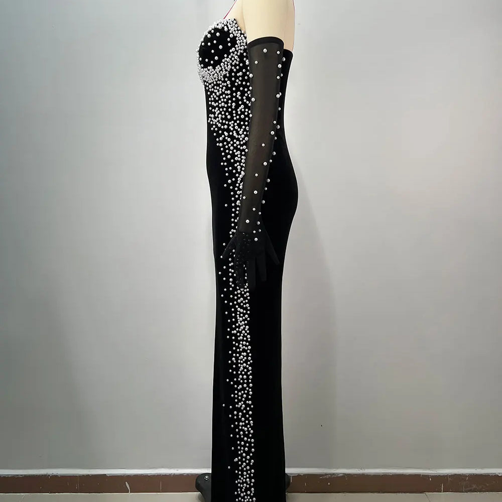 2025 Women Light Luxury Beaded Velvet Dress+Thin Gauntlet Gloves Fashion Bodycon Bareback Sexy Long Dress Evening Party Vestidos