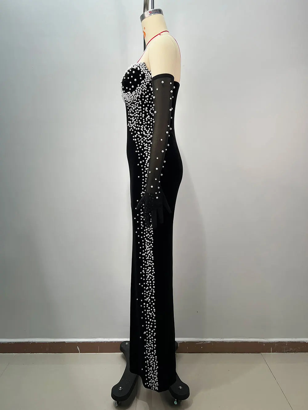 2025 Women Light Luxury Beaded Velvet Dress+Thin Gauntlet Gloves Fashion Bodycon Bareback Sexy Long Dress Evening Party Vestidos