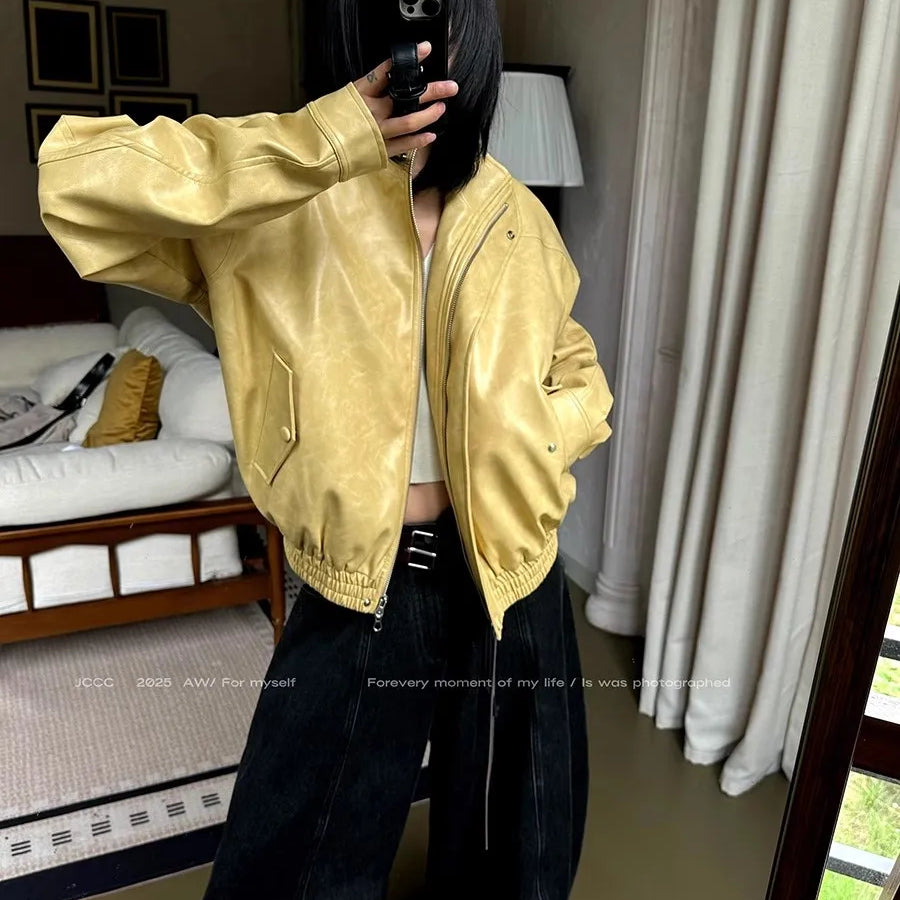 Lautaro Autumn Cool Short Oversized Distressed Yellow Pu Leather Jacket Women Zipper High Quality American Retro Unisex Clothes