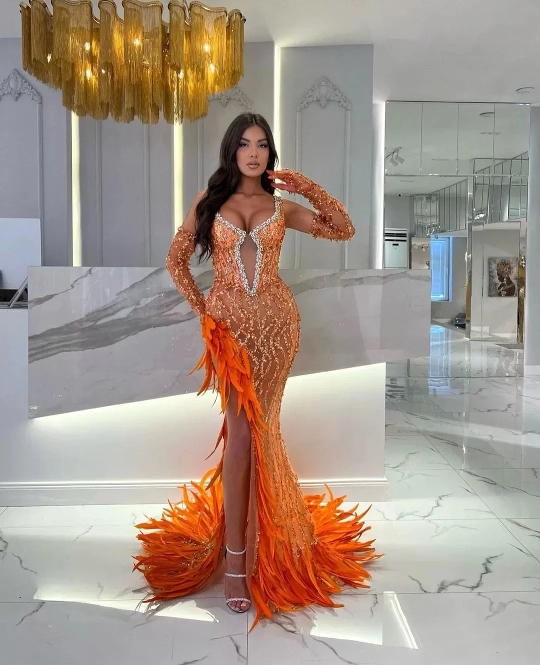 Women Luxury Sexy V Neck Feather Beading Mesh Sequins Sparkly Maxi Long Gowns Dress Elegant Celebrity Evening Party Club Dress