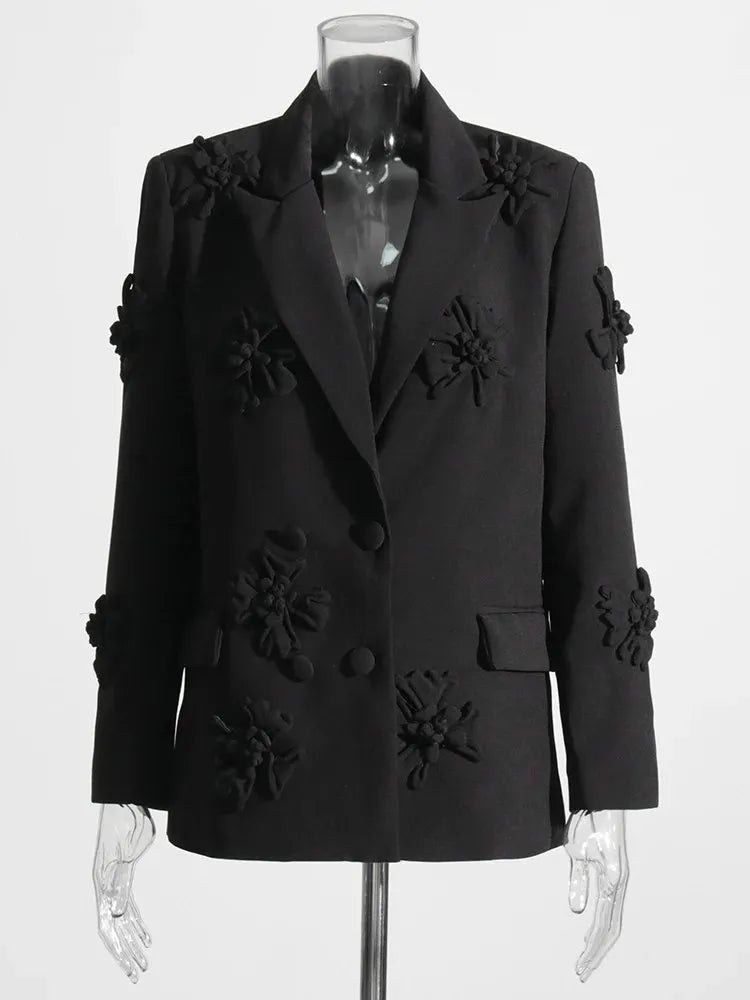 Solid Patchwork Appliques Two Piece Sets For Women Lapel Long Sleeve Coat High Waist Pant Chic Set Female Clothing