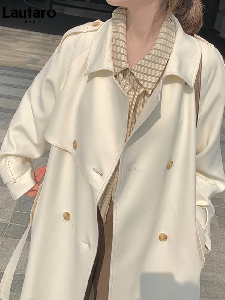 Lautaro Spring Autumn Long Trench Coat for Women Raglan Sleeve Double Breasted Elegant Stylish Chic Luxury Designer Clothes 2025
