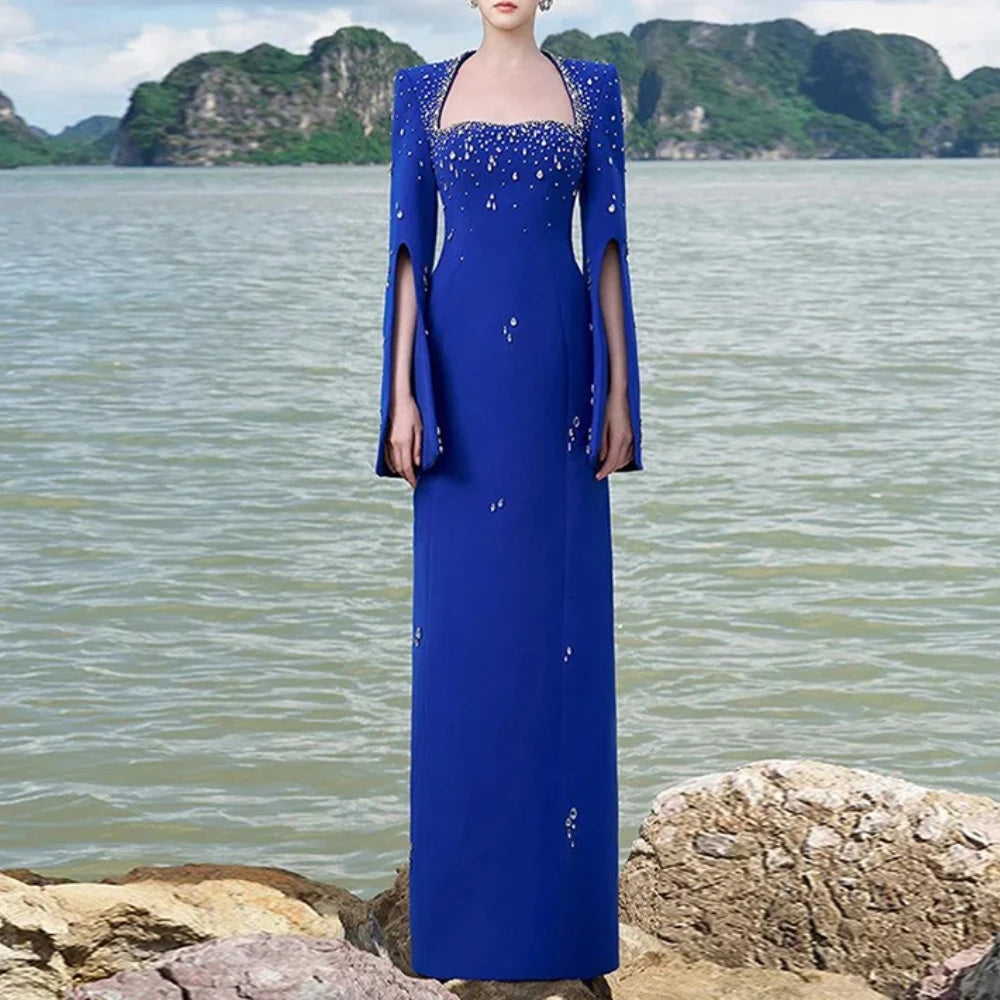 Solid Slimming Spliced Bead Luxurious Dresses for Women Square Neck Long Sleeves Patchwork Split Dress Femlae New