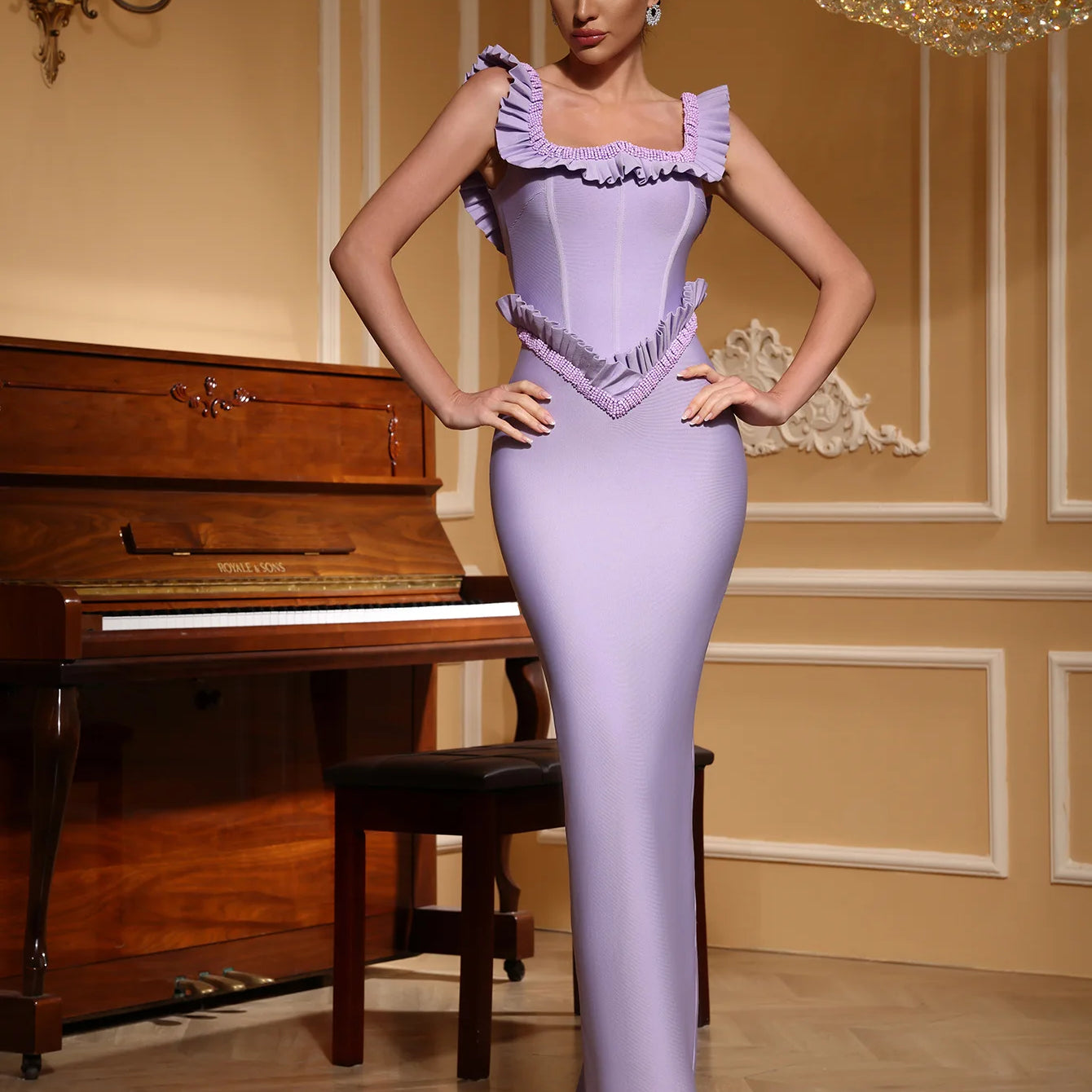 Purple Color Women Sleeveless Sexy Square Collar Ruffles Bodycon Long Bandage Dress Elegant Evening Party Cocktail Outfit