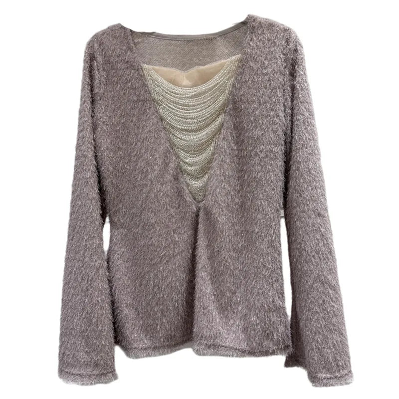 Winter New Fashion V-neck Beaded Tassel Chain Design Fluffy T-shirt For Women Loose Versatile Pullover Female 11A07943