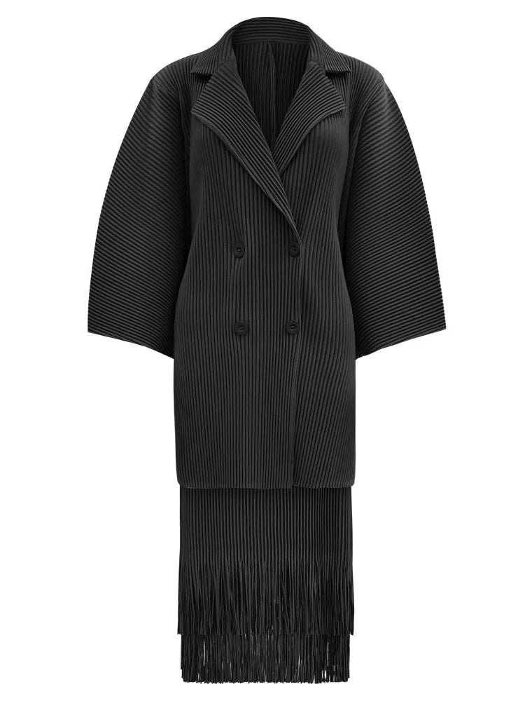 LANMREM Fashion Pleated 2 Piece Set Women Double Breasted Blazer Tassel Design Skirt Solid Color Spring New Clothing 32C701