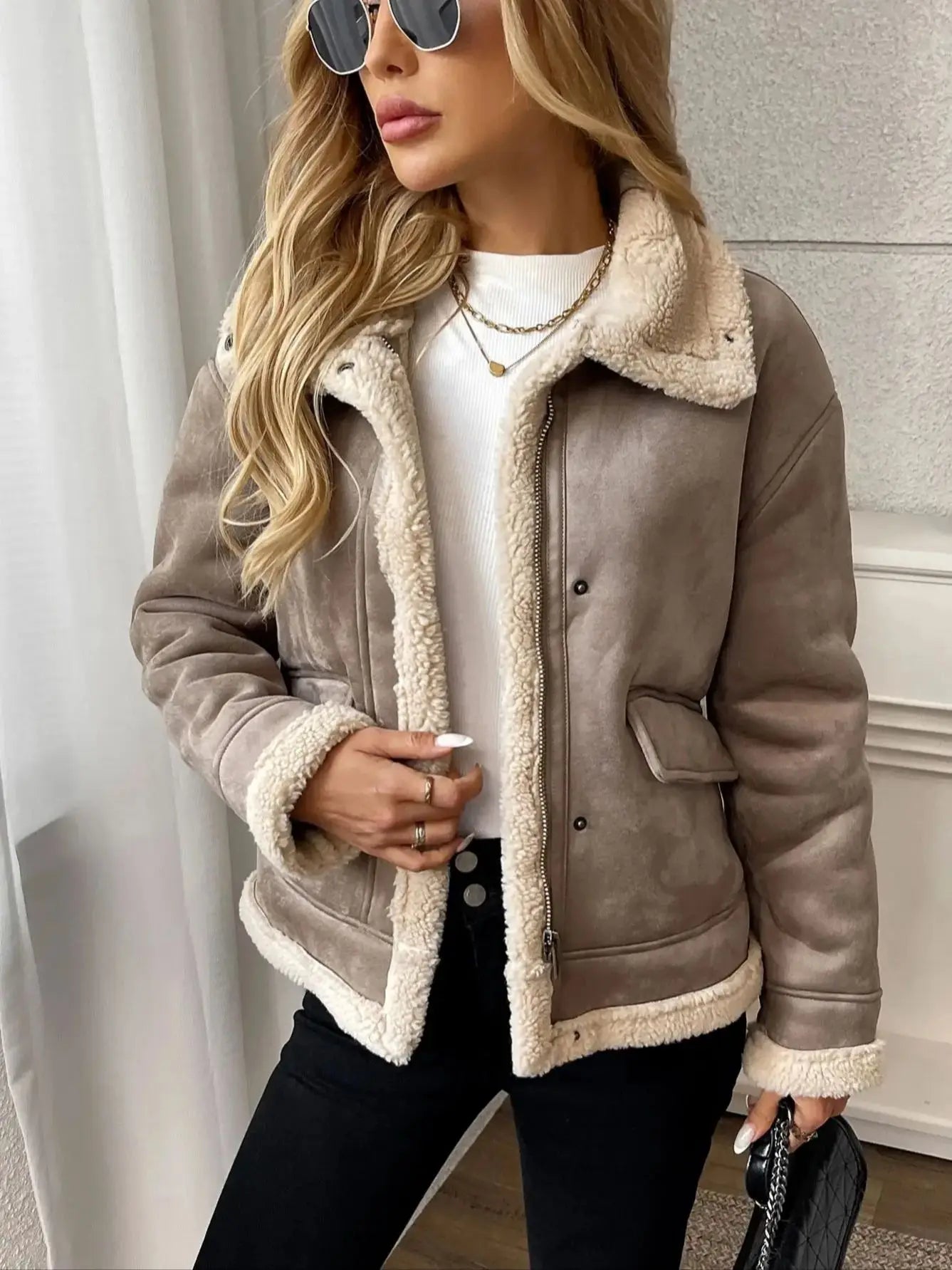 Fitaylor Autumn Winter Women Faux Suede Lamb Jacket Casual Lady Thick Warm Motorcycle Leather Outwear Brown