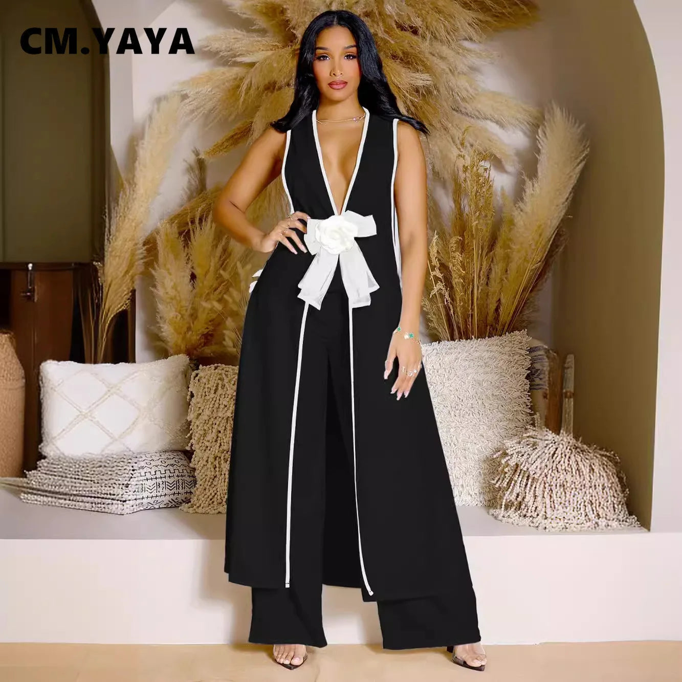 Women Set 3D Flower Sleeveless V-neck X-long Shirt Coats + Wide Leg Pants Two 2 Piece Sets Fashion Outfits 2024 Summer