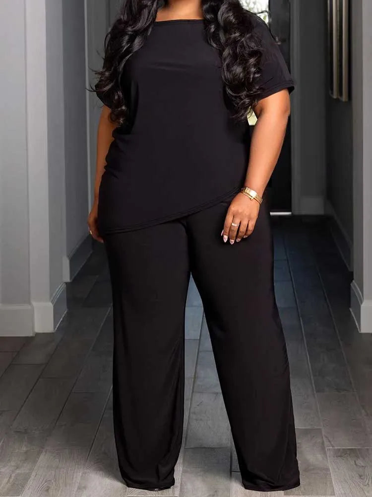 Plus Size Woman Clothing Summer Suit with Pants Casual Loose 2 Piece Sets Trousers and Top Solid Color Wholesale Dropshipping Pink