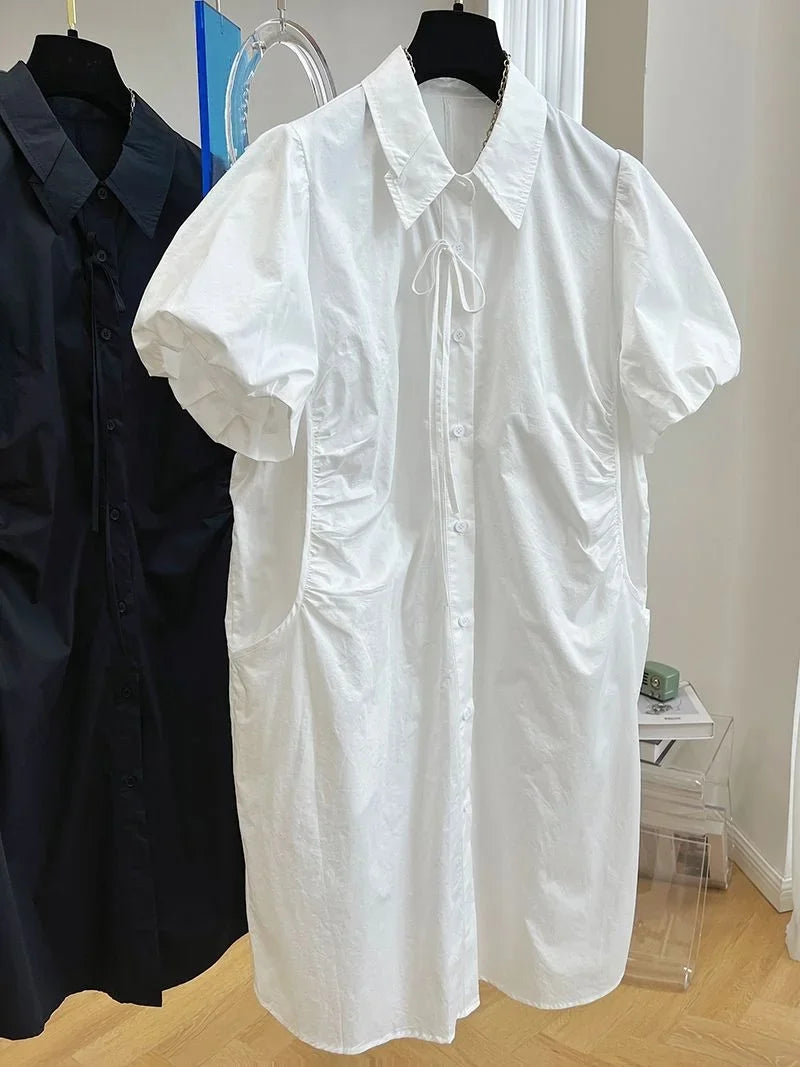 Loose Drawstring White Lantern Short Sleeve Shirt Dress Vestidos Elegantes Para Mujer Maxi Single Breasted Women es