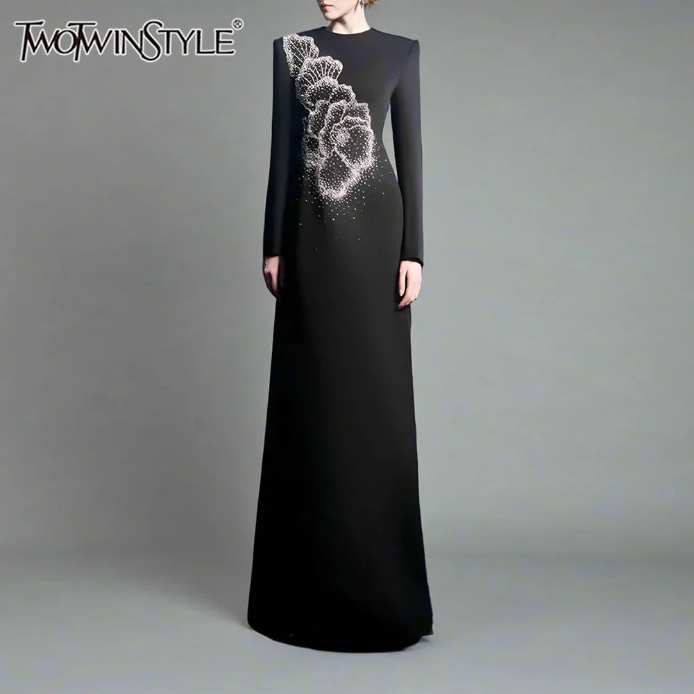 Solid Spliced Stick Drill Elegant Dresses for Women Round Neck Long Sleeves Temperamnet Dress Female Fashion New