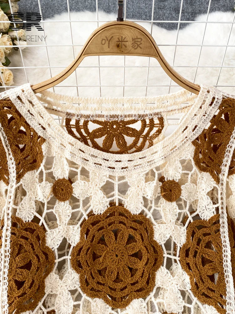 SINGREINY Sunscreen Hook Summer Knit Top Women Elegant O Neck Hollow Out Lantern Sleeve Ladies Vacation Tassel Beach Blouse