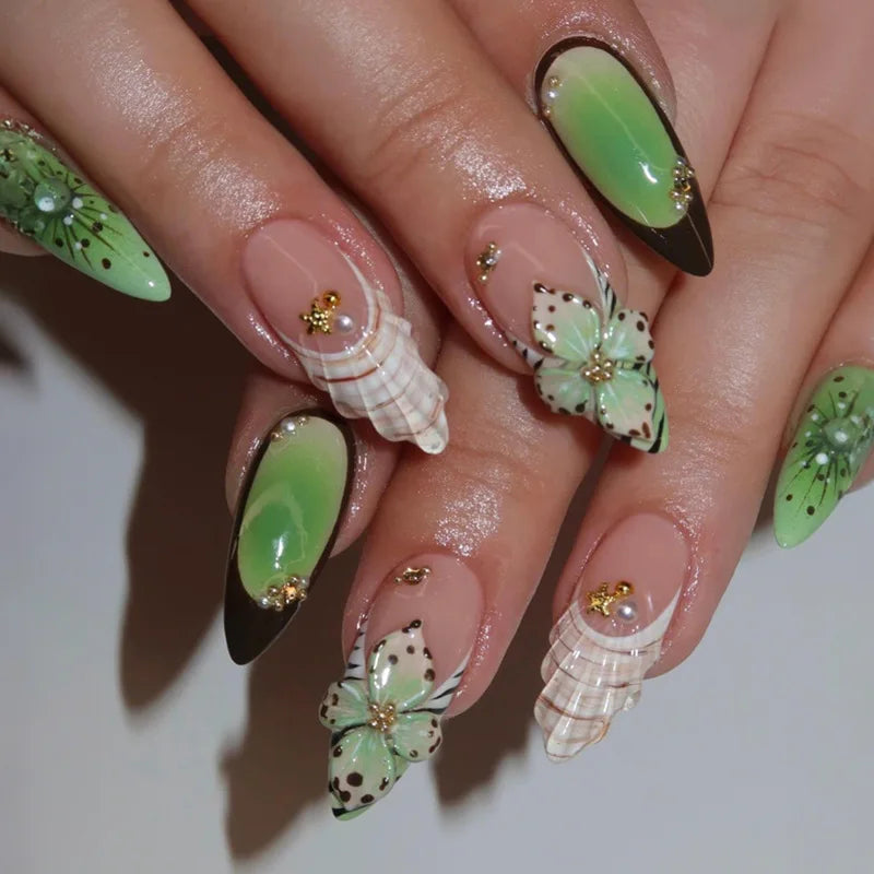 24Pcs 3D Water Ripple Wearable Almond Nail Tips Blue Ocean Shell Design Manicure Colorful Flower Pearl Detachable False Nail Set 5