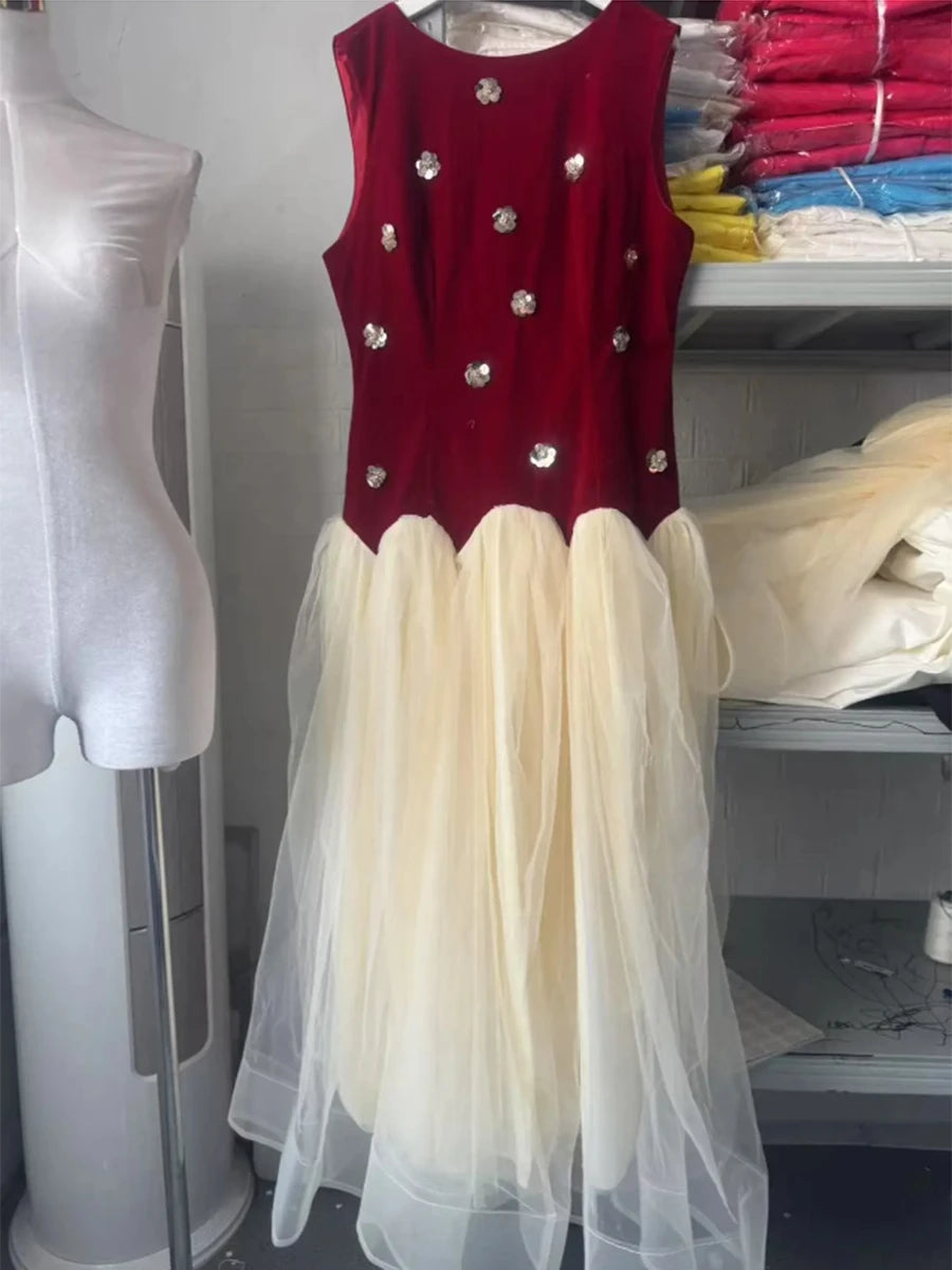 Hit Color Spliced Appliques Elegant Dresses for Women Round Neck Sleeveless Patchwork Mesh Dress Female Fashion New WINERED