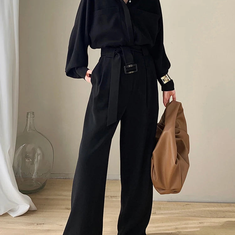 Lautaro Spring Autumn Beige Long Soft Flowy Stretchy Jumpsuit Women with Belt Black One Piece Shirt Jumpsuits for Women 2025