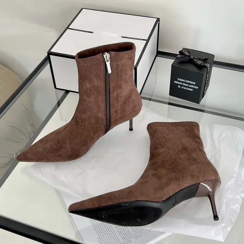 Eilyken Sexy Thin Low Heels Pointed Toe Ankle Boots Woman Party Shoes Fashion Spring Autumn Zipper Concise Short Booties Brown