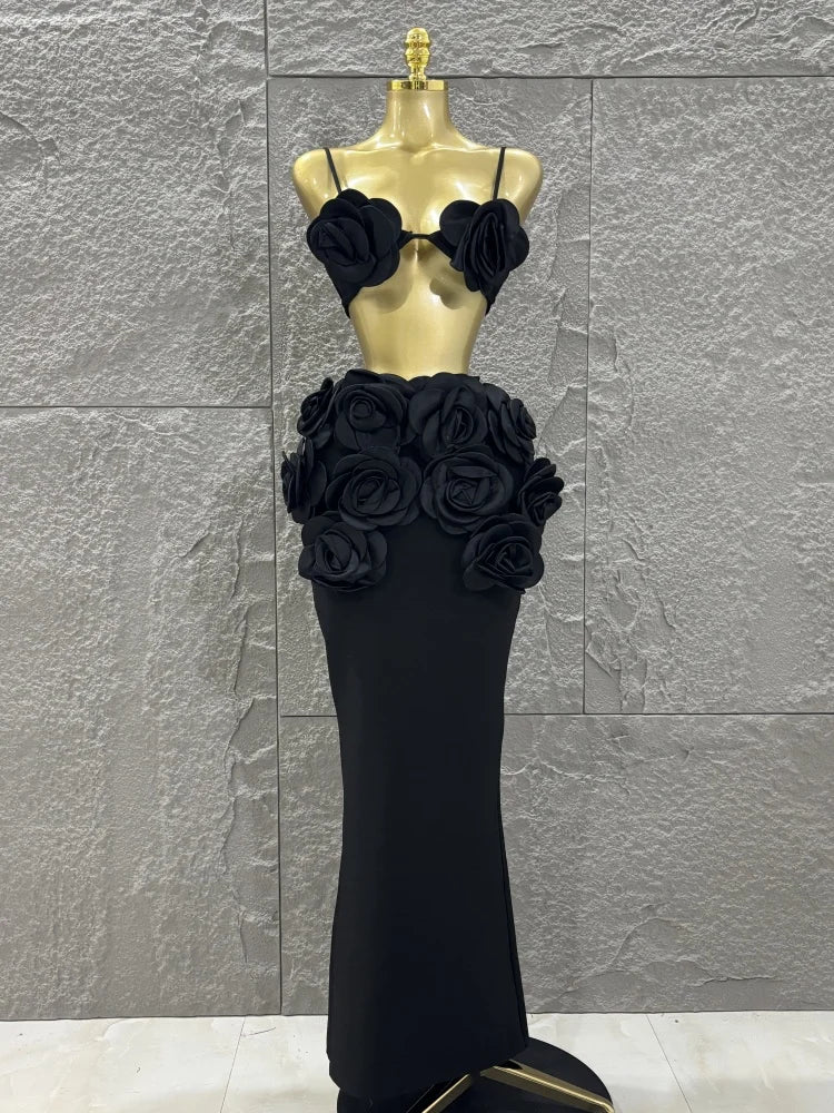 Hot Sale Women Sexy Strap Florlas 2 Pieces Bodycon Long Bandage Dress Nightclub Party Bar Singer Celebrate Birthday Outfit black