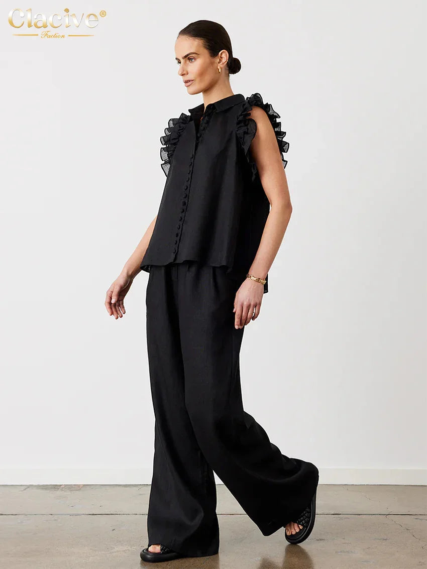 Clacive Fashion Loose Beige Cotton 2 Piece Sets Women Outfit Elegant Sleeveless Tank Top With High Waist Wide Pants Set