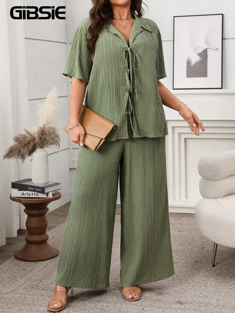 GIBSIE Plus Size Spring Summer Women Two Piece Set Loose Lace-up Shirt Top + Wide Leg Pants 2025 Female Casual 2 Piece Outfits