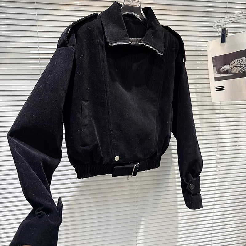 Winter New Fashion Black Zipper Turn-down Collar Fleece Cotton Jacket For Women Streetwear Short Coat Female 11A07598