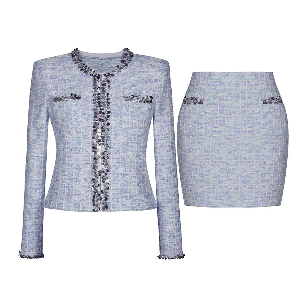 Two Piece Sets for Women Round Neck Long Sleeves Spliced Diamonds Top High Waist Patchwork Pockets Skirt Female New BLUESET