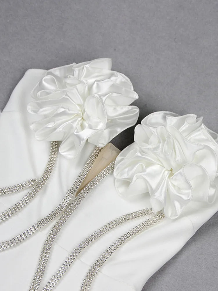 Women Celebrity Sexy Strapless Backless Beading Diamonds White Maxi Long Bandage Dress Elegant Evening Club Party Dress