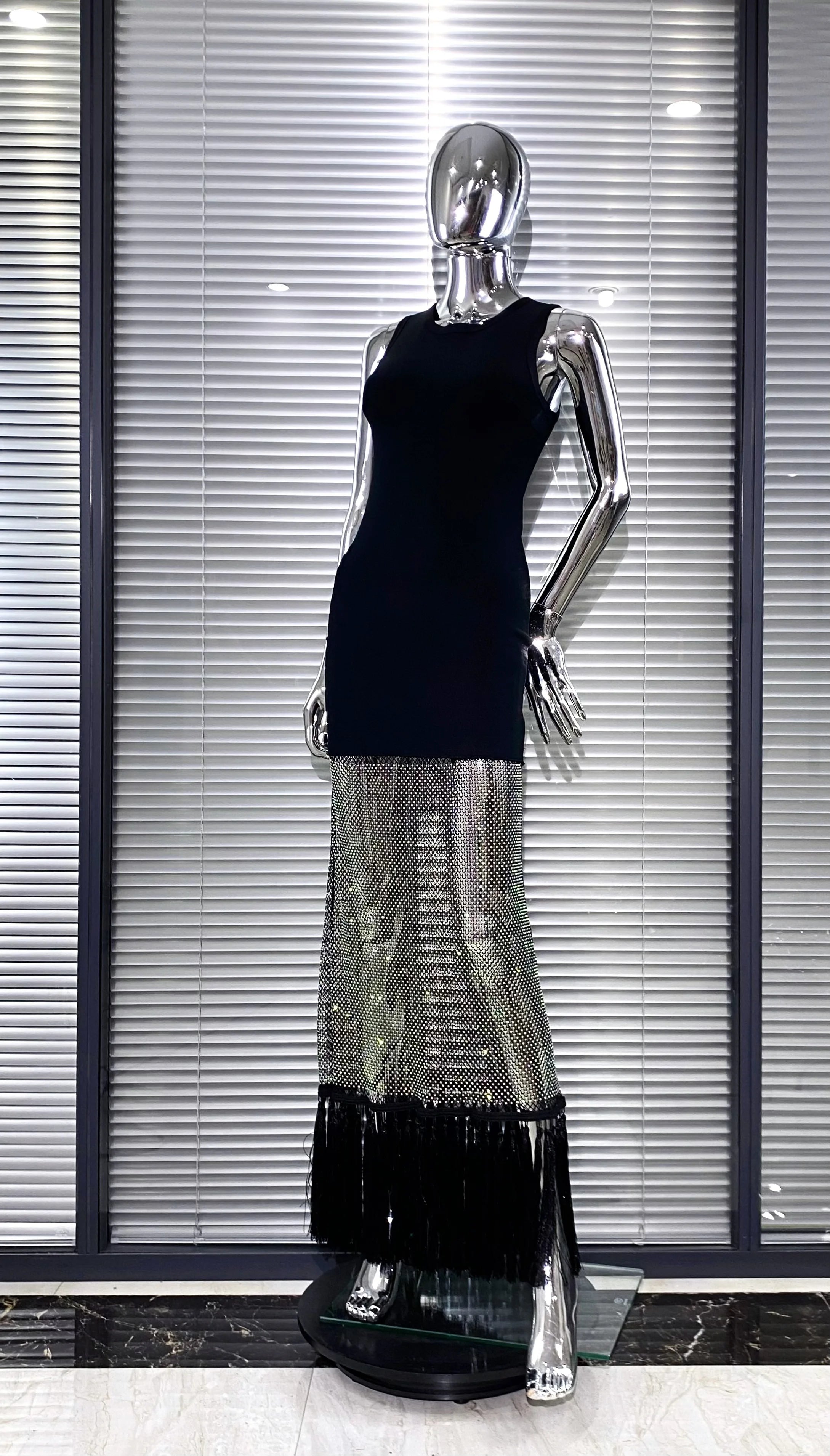 Shining Diamond See Through Mesh Tassels Black Bandage Ankle Length Dress Fashion Woman Party Dress Birthday Party Outfit